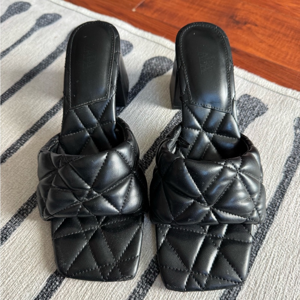 Zara Black Quilted Heeled Mules